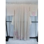 A circa 1970 silk RO Tsukeage formal kimono with Ayame (Iris) pattern on a pale pink