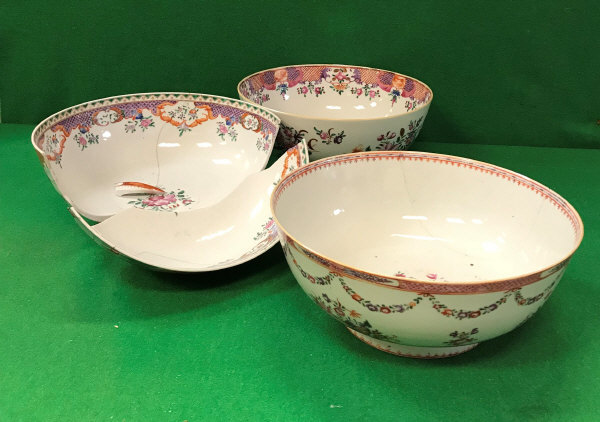 Three 19th Century Chinese famille-rose fruit bowls (all damaged)