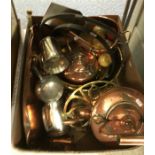 A collection of brass and copper wares to include Victorian brass iron handled jam pan,
