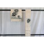 A circa 1960 silk formal Fukuro nibushiki obi with Botan (peony) Tataki grey decoration on a cream