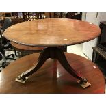 A Regency mahogany tea table, the circular top on a turned pedestal to cabriole tripod base,