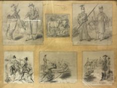 Six 19TH CENTURY FRENCH pencil studies depicting various military people and scenes housed in one