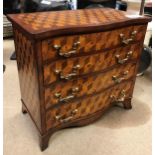 A modern mahogany and parquetry work inlaid miniature serpentine fronted chest of four drawers