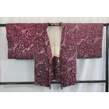 A circa 1960 silk haori (jacket) with So-Shibori (tie-dyed) decoration on a plum ground
