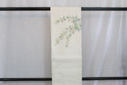 A circa 1960 silk summer Nagoya obi with Fuyo No Hana (Furong) fine hand embroidered decoration on