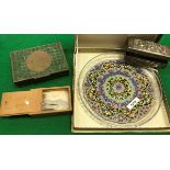 A Middle Eastern white metal box depicting religious scene containing scent bottle etc,