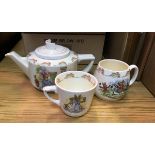 A collection of Bunnykins china wares to include teapot, warming plate,