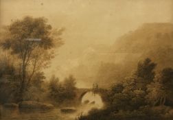 19TH CENTURY ENGLISH SCHOOL IN THE MANNER OF JOHN VARLEY "Figures on a Bridge in a River Landscape"