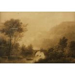 19TH CENTURY ENGLISH SCHOOL IN THE MANNER OF JOHN VARLEY "Figures on a Bridge in a River Landscape"