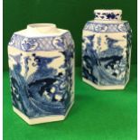 A pair of blue and white hexagonal vases decorated with stylised phoenix amongst blossom,