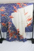 A circa 1970s Furisode silk kimono with gold / silver embroidery and a Nami Ni Tsuru (wave and