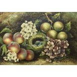 20TH CENTURY ENGLISH SCHOOL "Still Life with Apples, Flowers and Bird Nest with Eggs",