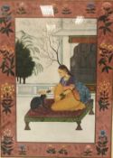 MOGHAL SCHOOL "Young woman on a stool stroking cat" watercolour gouache unsigned together with