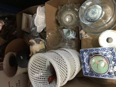 Two boxes of sundry china and glass to include vases,