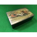 A 19th Century Russian lacquered rectangular lidded box decorated with figures in troika