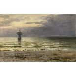 CHARLES STUART "Coastal Landscape at Sunset with Sailing Vessel",