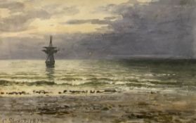 CHARLES STUART "Coastal Landscape at Sunset with Sailing Vessel",