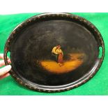 A 19th Century Russian lacquered twin handled oval tray depicting young couple on a path bears