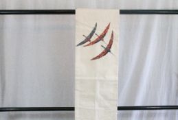 A circa 1950 silk semi-formal Kyo Fukuro obi with Tsuru (crane) red and blue decoration on a cream