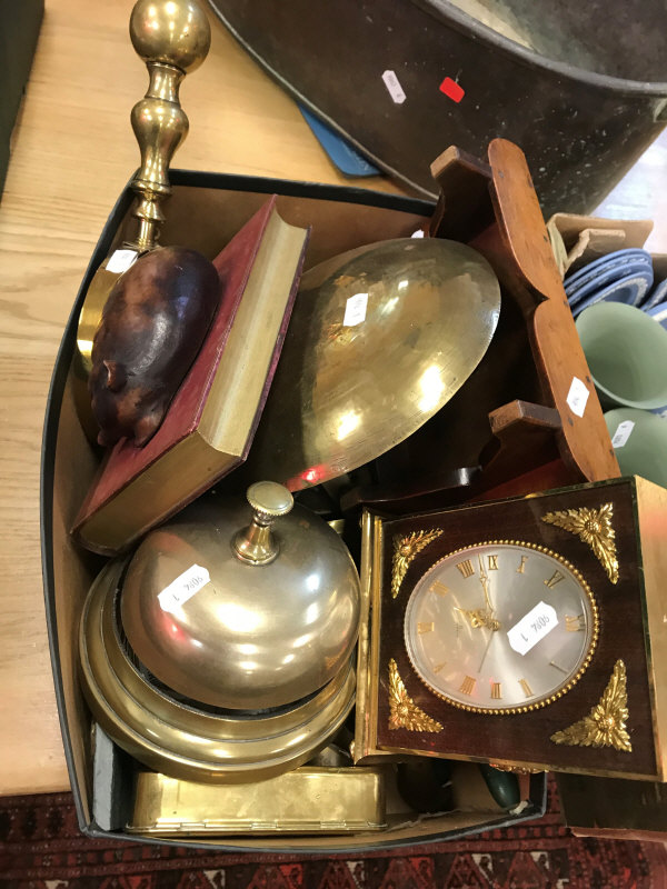 A collection of various metalwares to include table bell, brass cased aneroid barometer,
