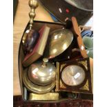 A collection of various metalwares to include table bell, brass cased aneroid barometer,