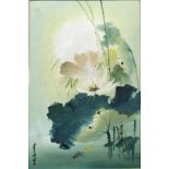 CHINESE SCHOOL "Lilies and bamboo" oil on canvas signed lower left