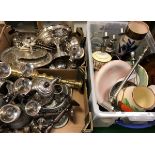 A box containing assorted plated wares to include candlestick, hot water jug, pistol grip knives,