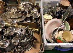 A box containing assorted plated wares to include candlestick, hot water jug, pistol grip knives,