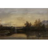 19TH CENTURY ENGLISH SCHOOL "River Landscape with Viaduct in Background, a Stork in Foreground",