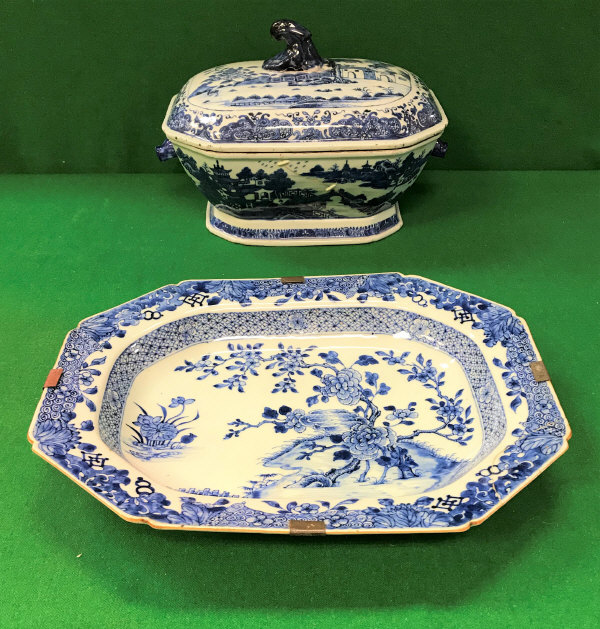 A 19th Century Chinese blue and white tureen and cover decorated with waterside landscape studies