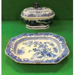 A 19th Century Chinese blue and white tureen and cover decorated with waterside landscape studies