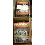Two boxes of vintage Rugby World magazines and a ladies golf club set
