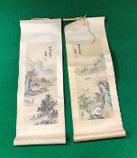 Two 20th Century Chinese school hand painted silk scrolls each depicting landscapes with script