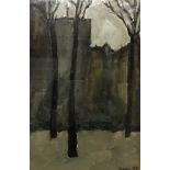 J S CARTIER (born 1932) "Three Trees Wintertime with Buildings in Background",