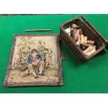 A small vintage basket containing various corks together with a 19th Century blotter with leather