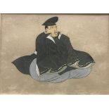 JAPANESE SCHOOL MEIJI PERIOD "Figures seated" a set of three watercolour gouache unsigned bear