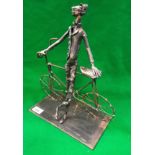 ROGER BERTIN "Le Cycliste 1900" welded metal sculpture signed and dated 1966 to base bearing labels