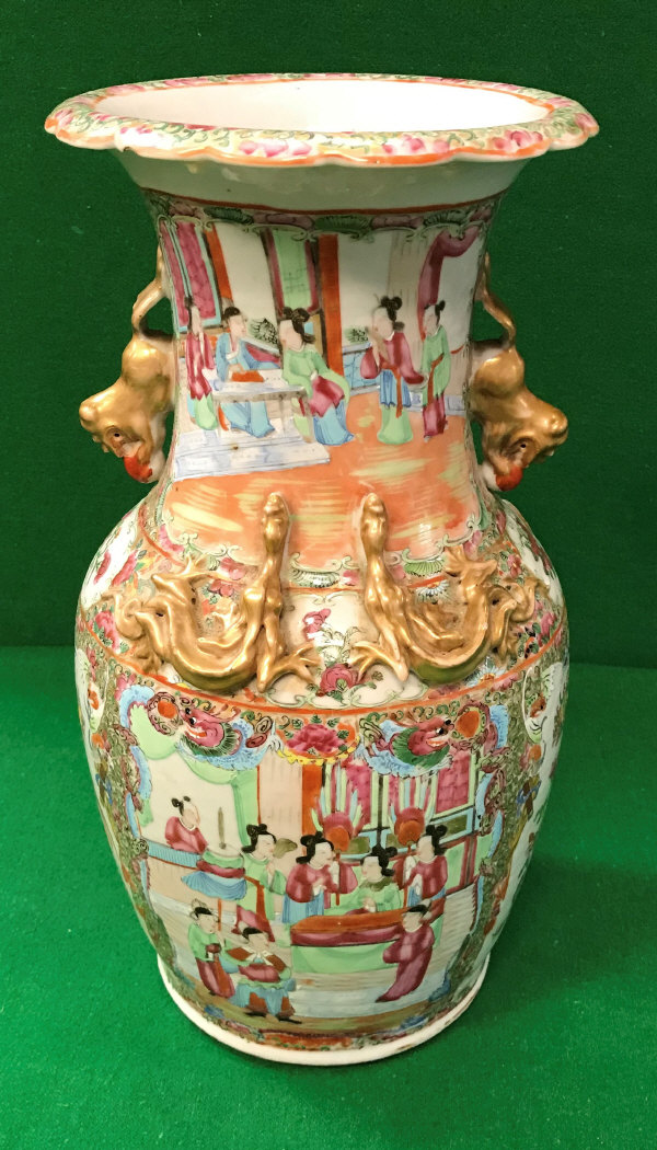 A 19th Century Chinese famille-rose vase with relief work dragon and temple lion decoration,