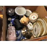 A box containing two Winstanley cats together with various Wedgwood Jasperware and a C.