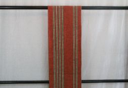 A circa 1960 cotton Kyo Fukuro obi with Shima (stripe) decoration in orange and cream on a red