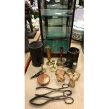 A Victorian leather jack, a Victorian wooden tankard with stamp, two pairs of coal tongs,