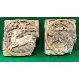 Two Chinese Jin Dynasty (1115-1234 AD) fragments from a wall, one decorated in relief with a kylin,