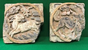 Two Chinese Jin Dynasty (1115-1234 AD) fragments from a wall, one decorated in relief with a kylin,