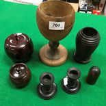 A collection of various treen ware to include stained "apple" box, small pot and cover,