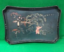 A Chinese blue lacquered and figural decorated rectangular tray bearing seven character signature
