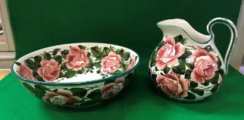 A Wemyss "Cabbage Rose" toilet jug and bowl, the jug stamped "Wemyss", the bowl "Wemyss ware R.H....