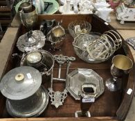 A collection of various plated wares to include three piece tea set, four trophy mugs,