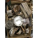 A box of various plated wares to include various coasters, glass and plated wine coolers,