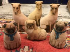 A collection of six folk art hand painted stuffed velvet figures of dogs, each signed M.