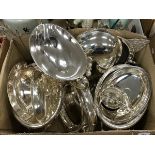 A box of various plated wares to include pedestal soup tureens, vegetable tureens, butter dish,